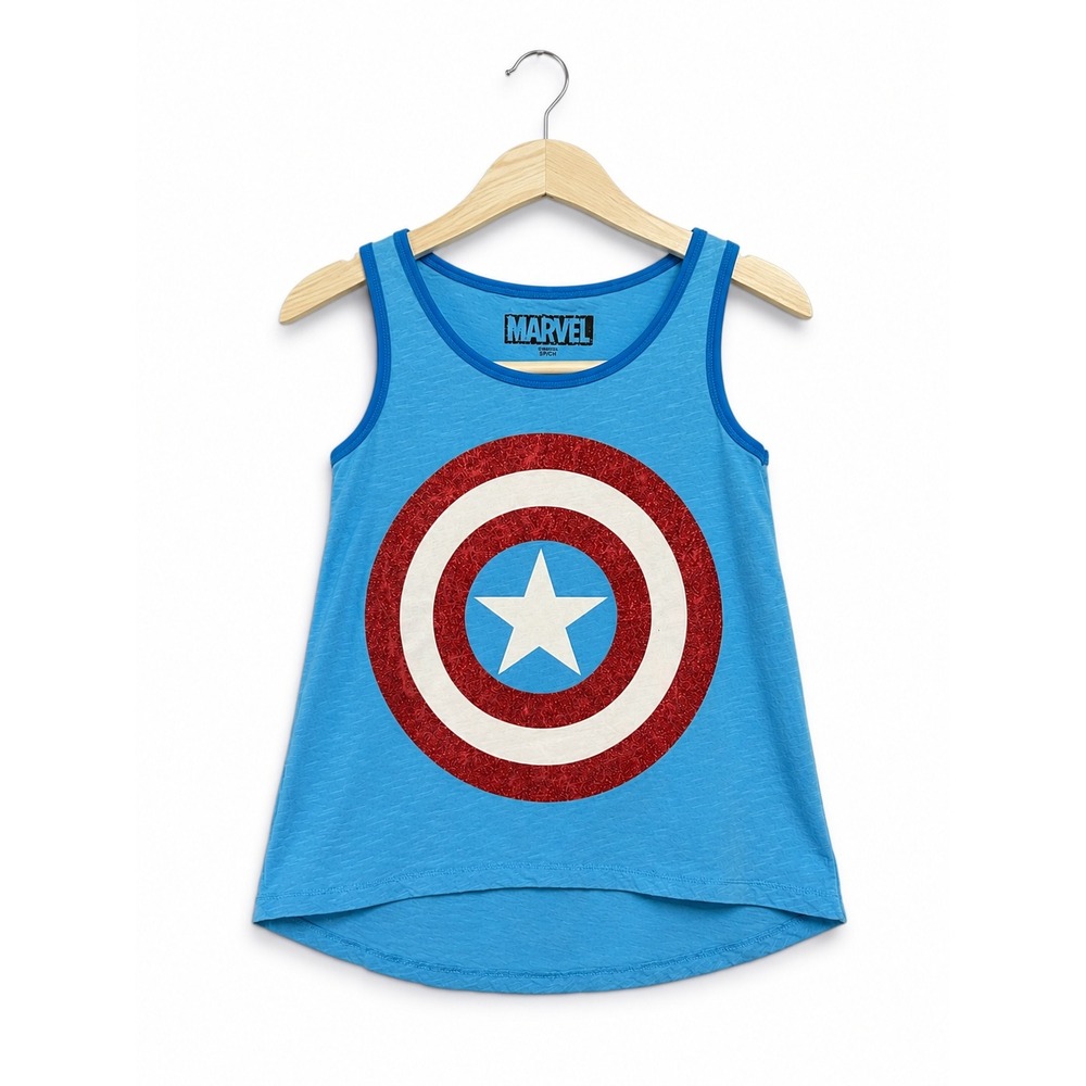 Marvel Captain America Glitter Shield High Low Tank Top Girls‎ M Blue Superhero